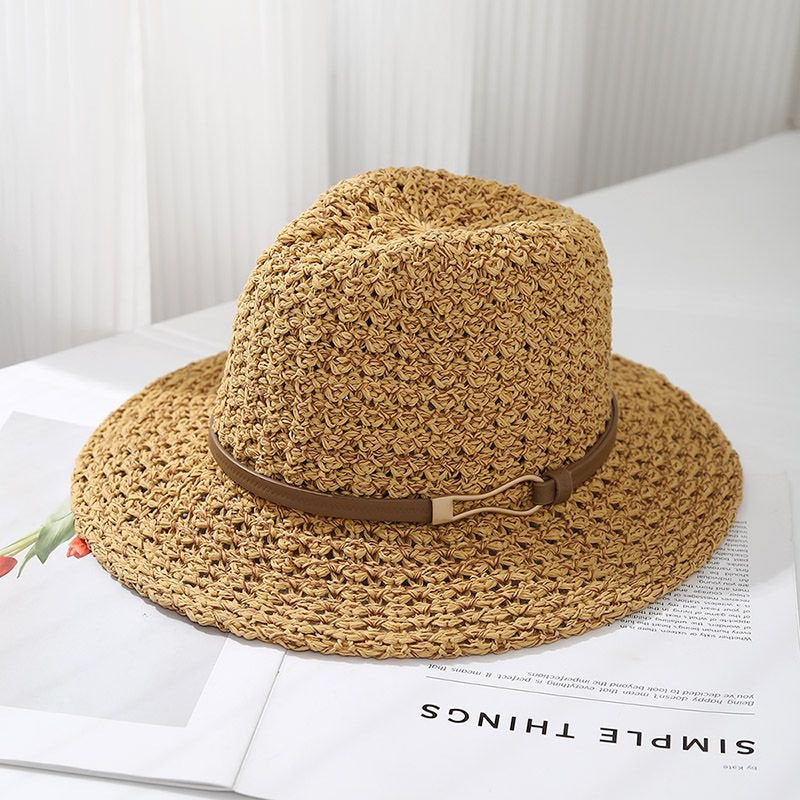 Hand-Woven Straw Fedora Sun Hat with Leatherette Band