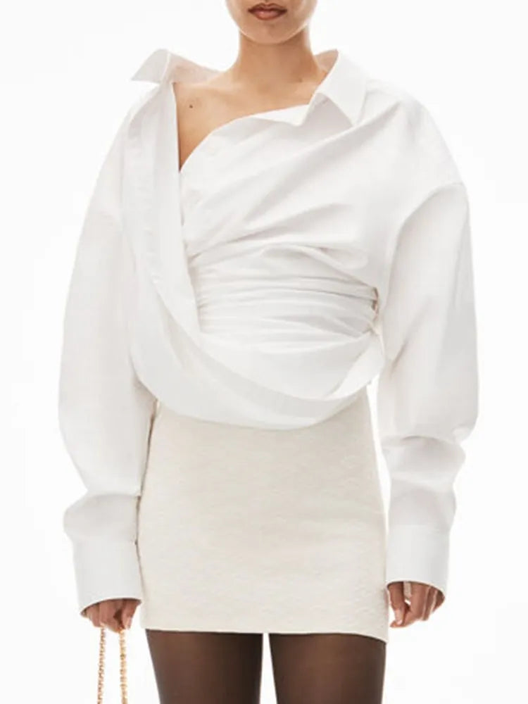 Asymmetric Off-the-Shoulder Draped Poplin Blouse