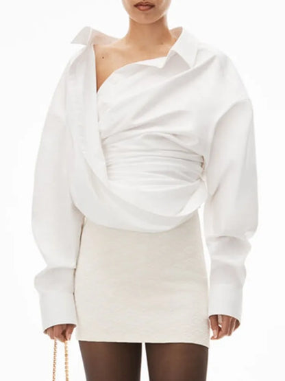 Asymmetric Off-the-Shoulder Draped Poplin Blouse