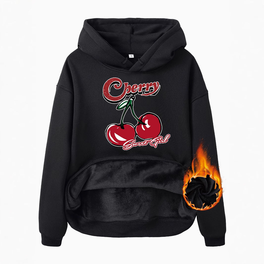 Retro Cherry Sweet Plush Fleece Hoodie