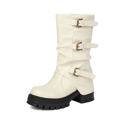 Triple Buckle Slouchy Platform Biker Boots