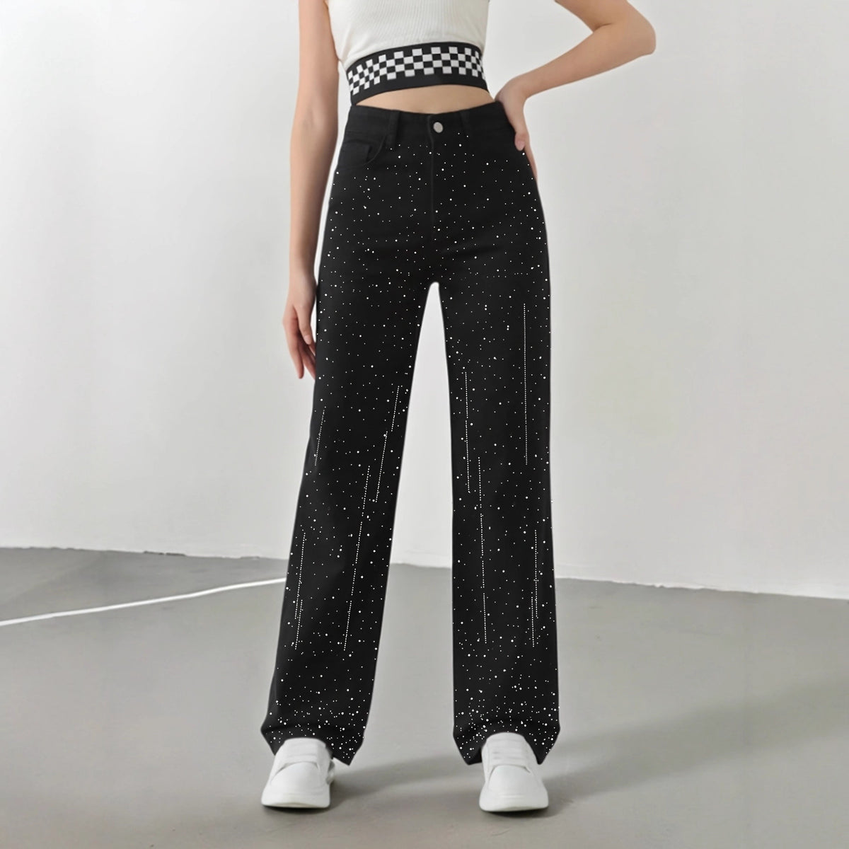 Sparkling Rhinestone High-Waist Wide-Leg Jeans