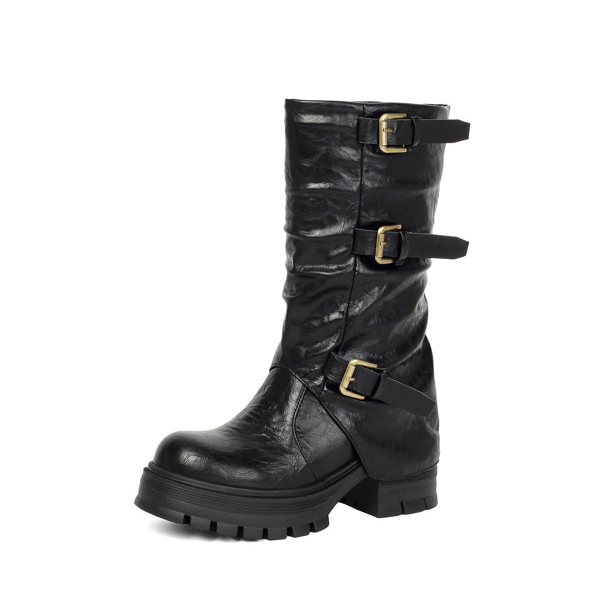 Triple Buckle Slouchy Platform Biker Boots