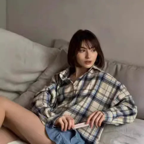 Women’s Long Sleeve Plaid Blouse Casual Spliced Shirt