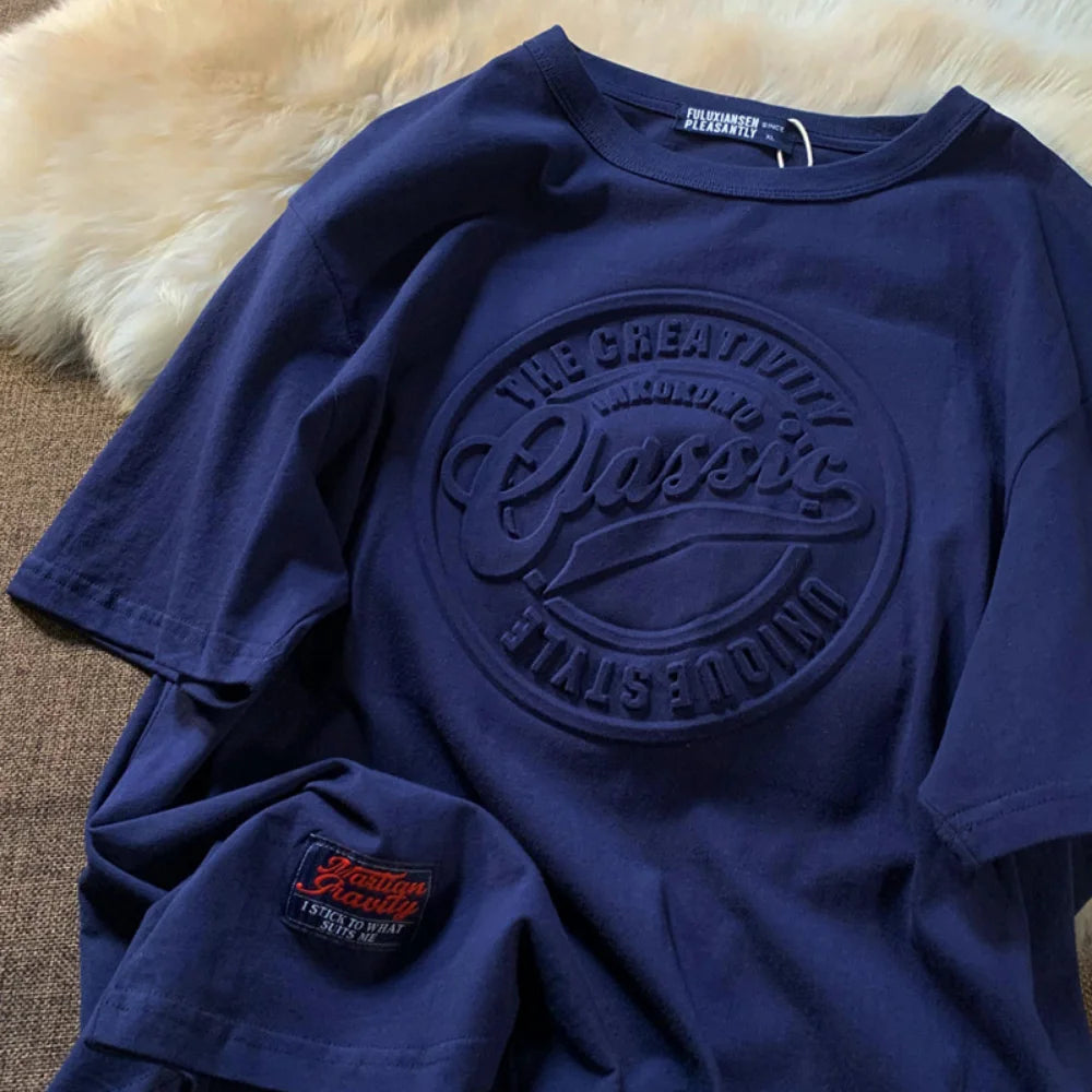 Casual Couples T-Shirt Vintage 3D Steel Seal Print Loose Fit