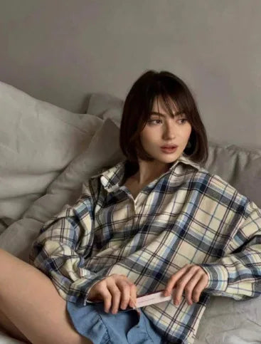 Women’s Long Sleeve Plaid Blouse Casual Spliced Shirt