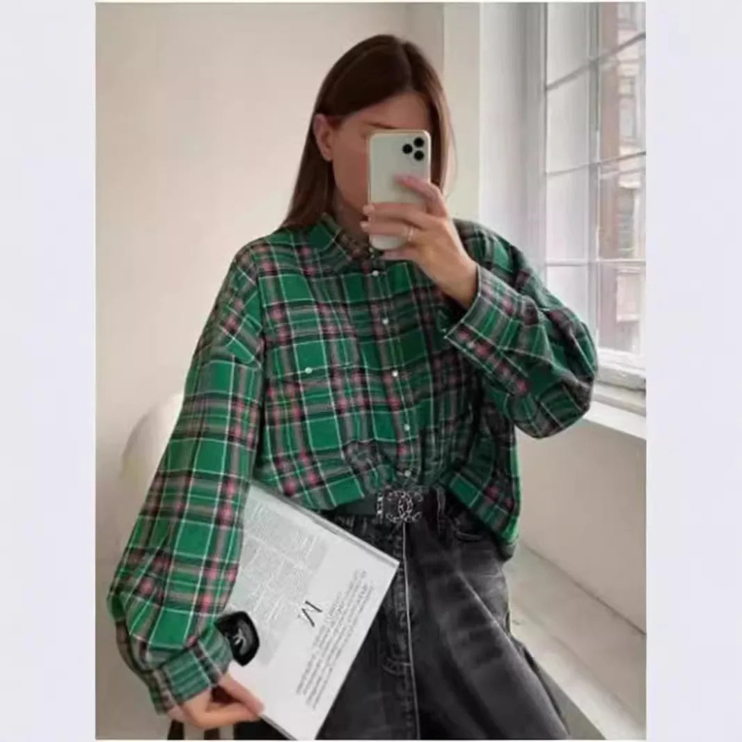 Women’s Long Sleeve Plaid Blouse Casual Spliced Shirt