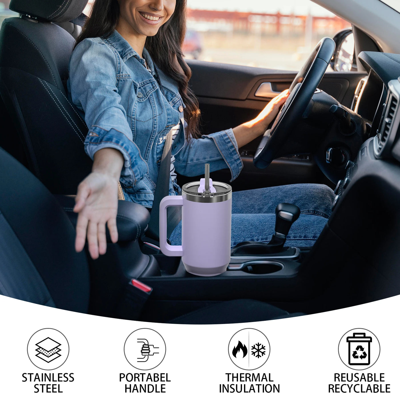 Thermal Mug with Handle & Straw 891/1182ml