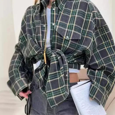 Women’s Long Sleeve Plaid Blouse Casual Spliced Shirt