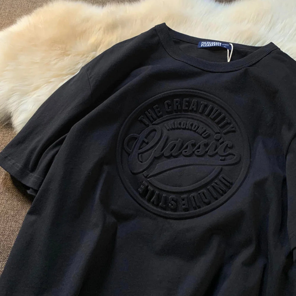 Casual Couples T-Shirt Vintage 3D Steel Seal Print Loose Fit