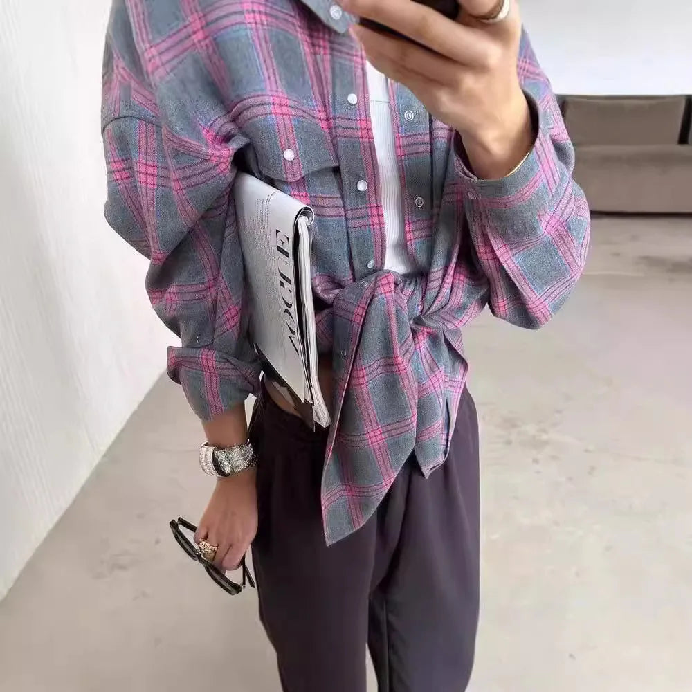 Women’s Long Sleeve Plaid Blouse Casual Spliced Shirt